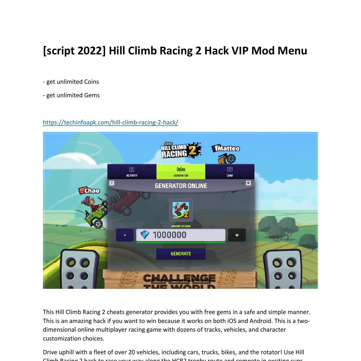 Hill Climb Racing 2 [Chestbox/Coins/Gems] hack script by