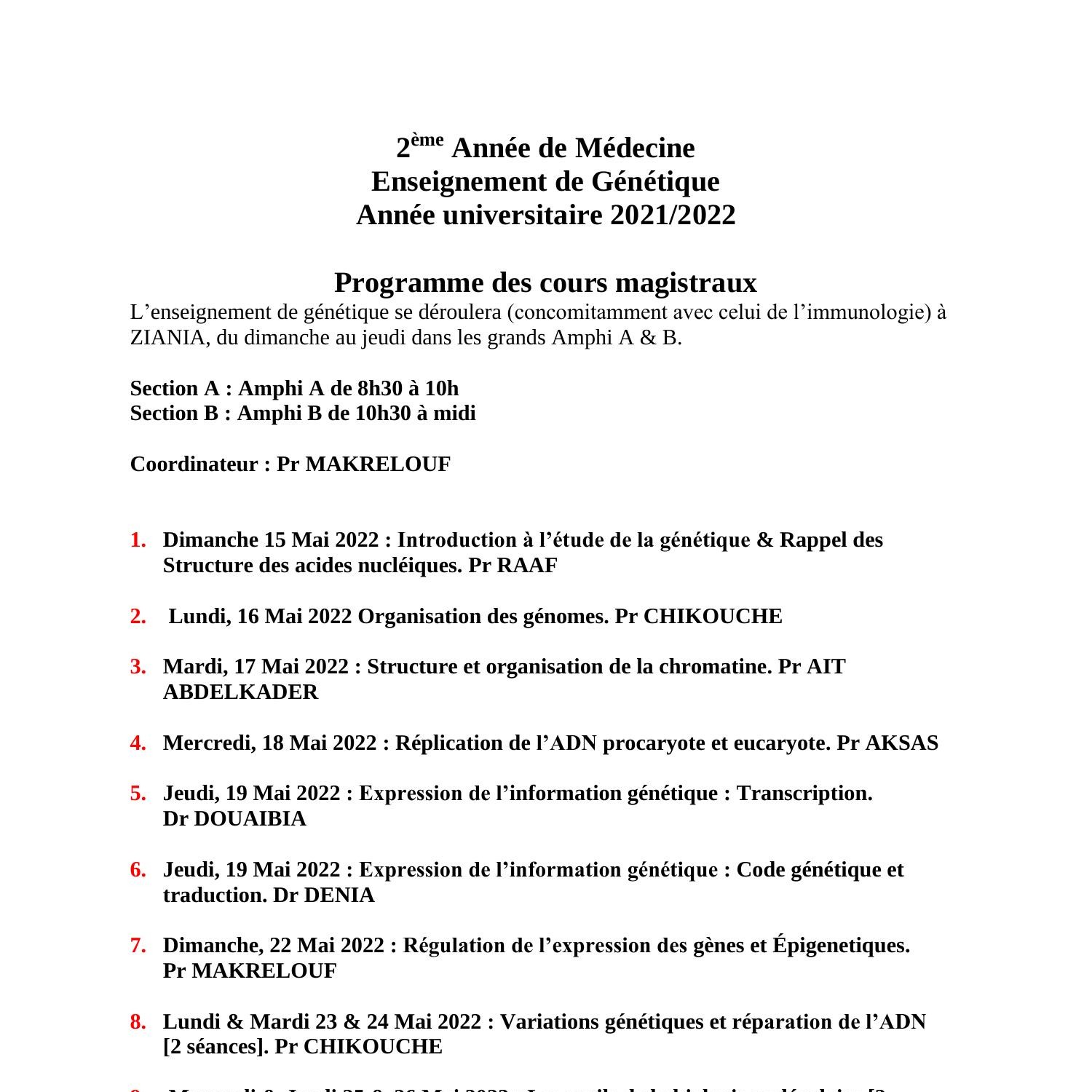 Enseignement de de Génétique Programme des cours magistraux 2021-2022 ...