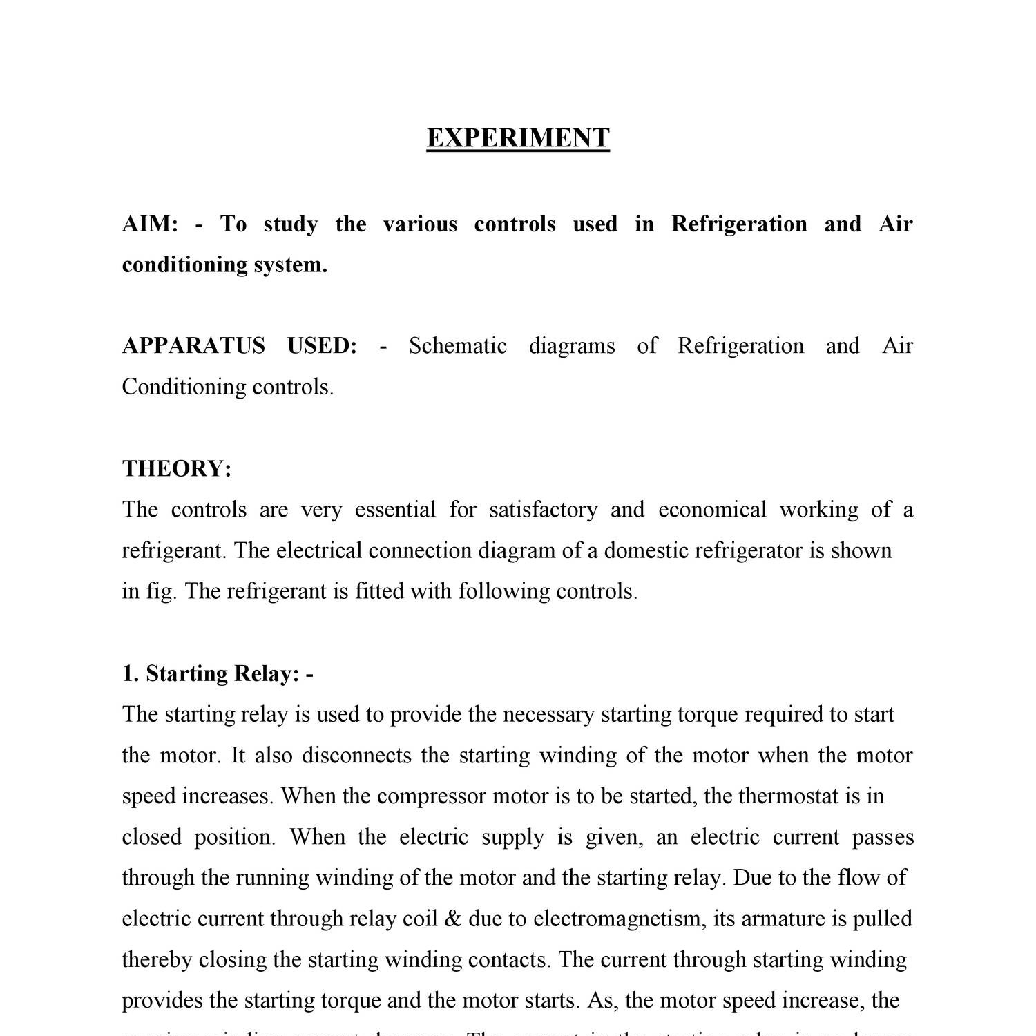 TO STUDY THE VARIOUS CONTROLS USED IN REFRIGERATION AND AIR