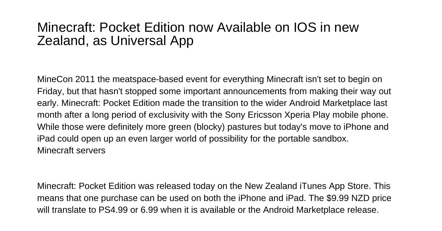 Minecraft Pocket Edition now Available on IOS in new Zealand as