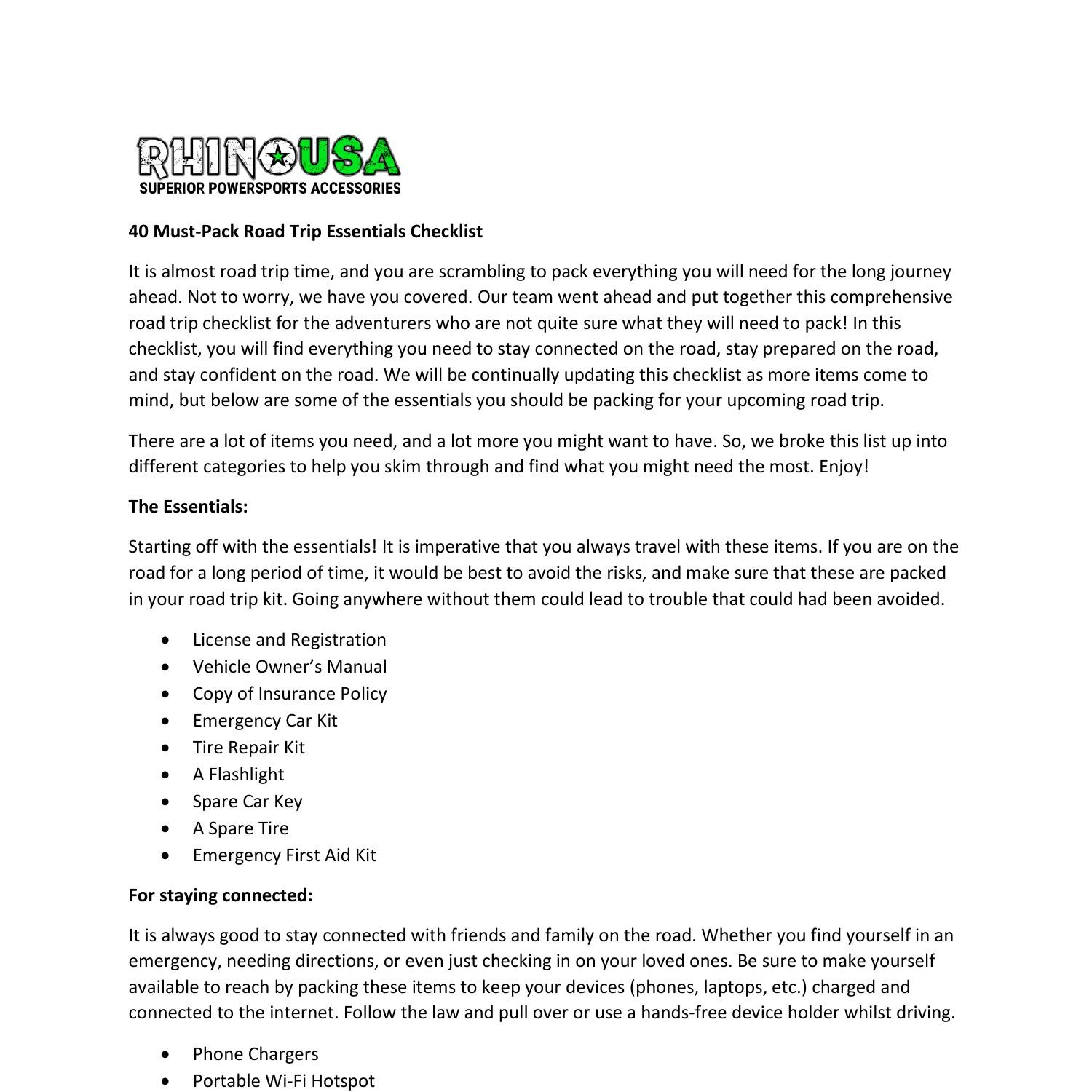 WHAT TO PACK FOR A ROAD TRIP CHECKLIST PDF visual data 6