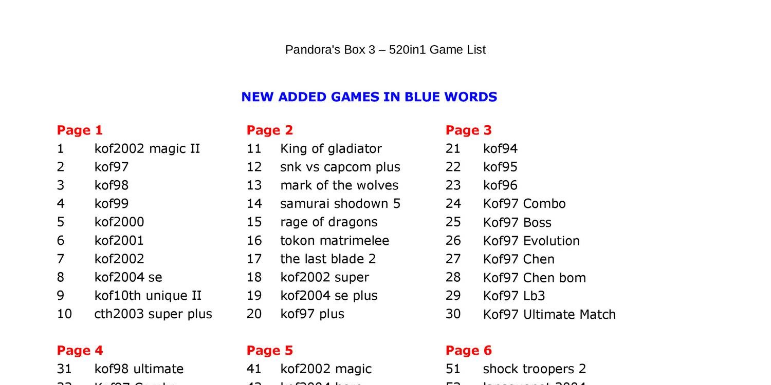 Pandora Box 3 520in1 Game list.pdf | DocDroid