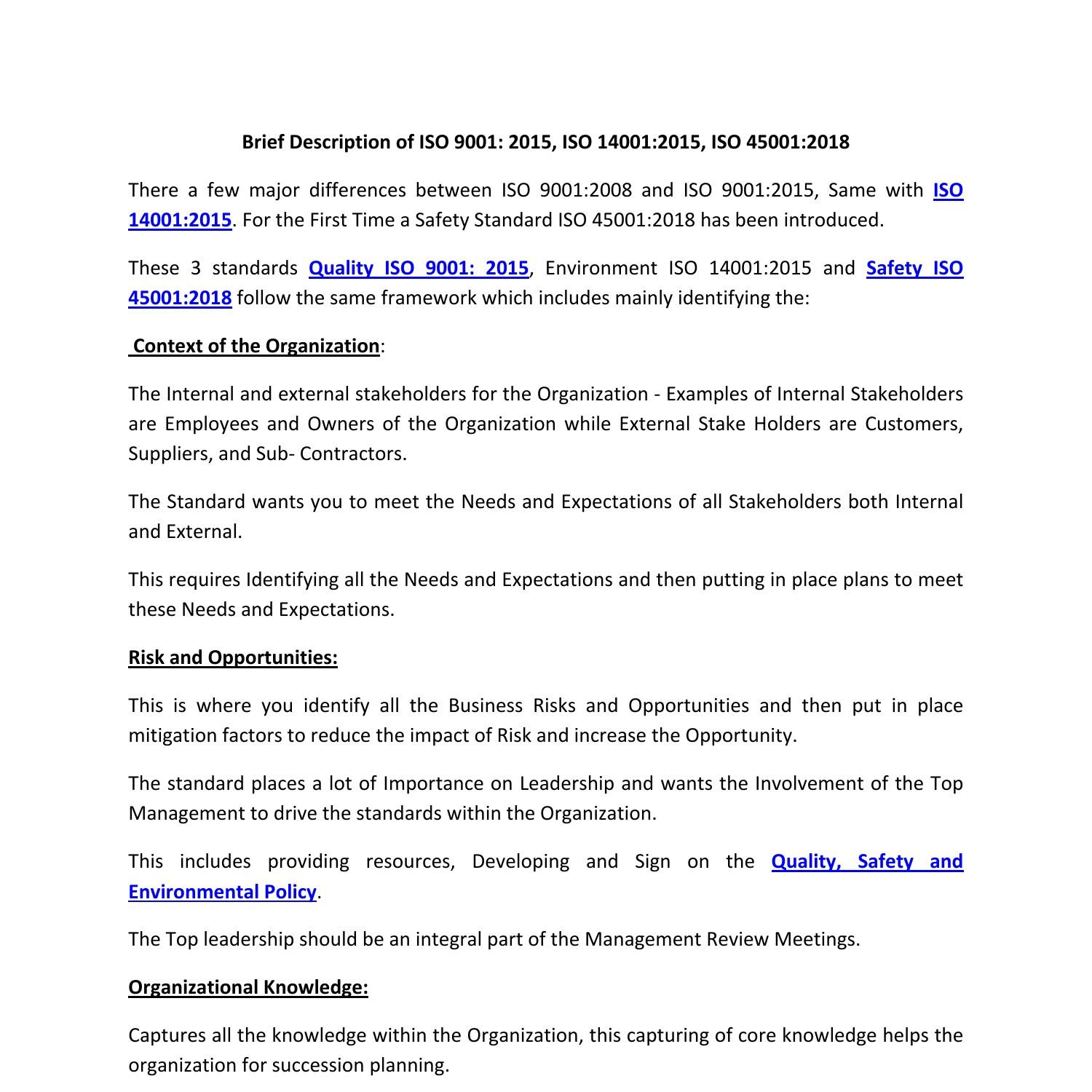 PDF - Brief Description of ISO 9001 2015, ISO 140012015, ISO 450012018 ...
