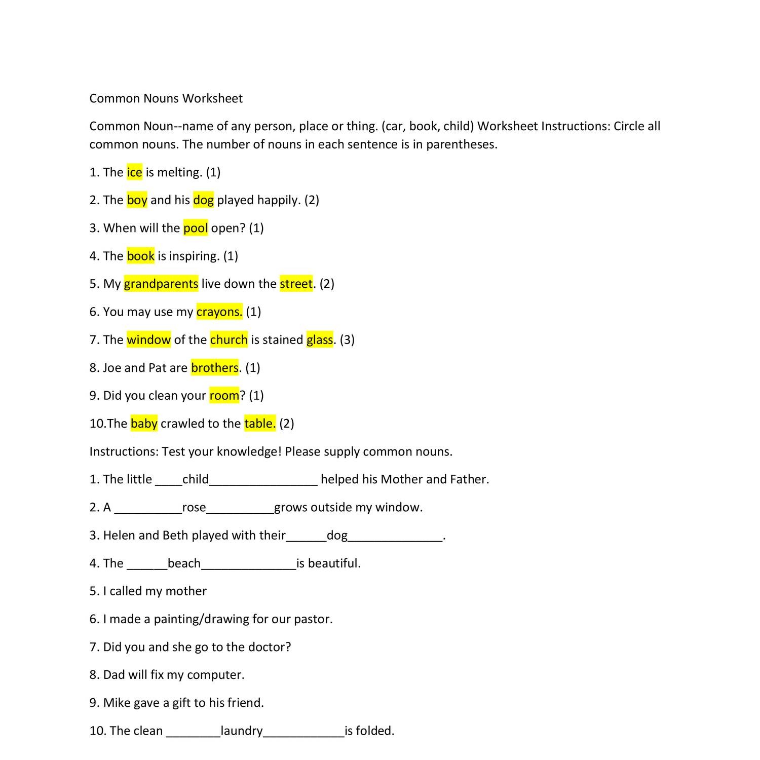 1 1 Nouns Worksheet Answers