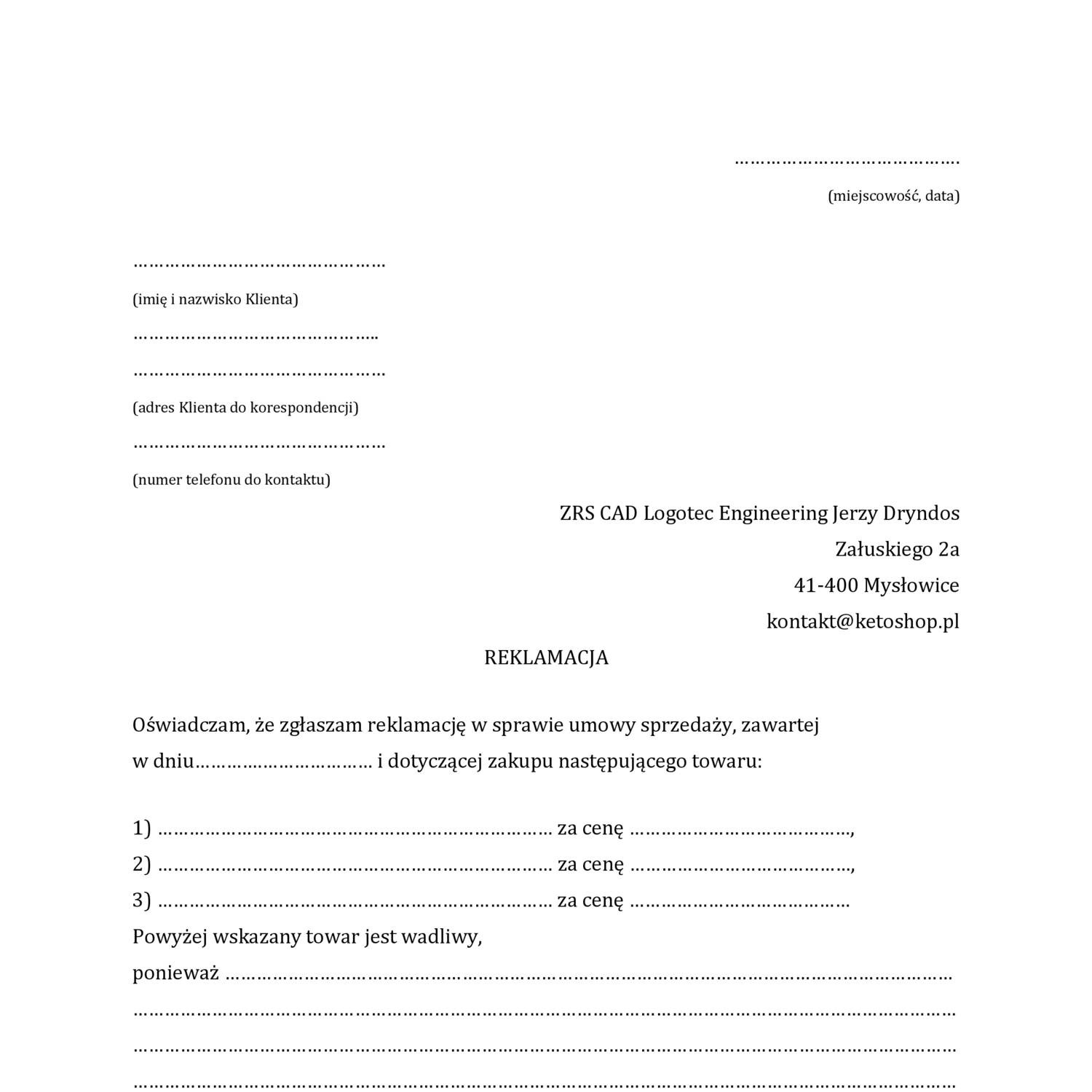 Wz r Formularza Reklamacji docx DocDroid