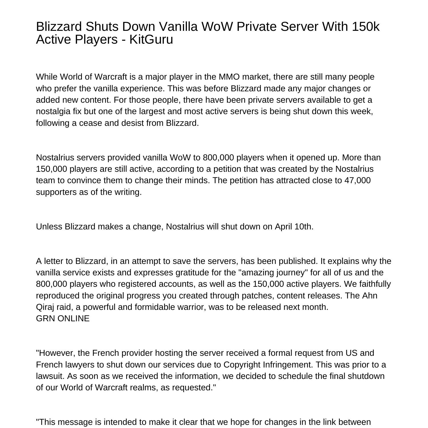 Blizzard shuts down vanilla wow private server with 150k active players