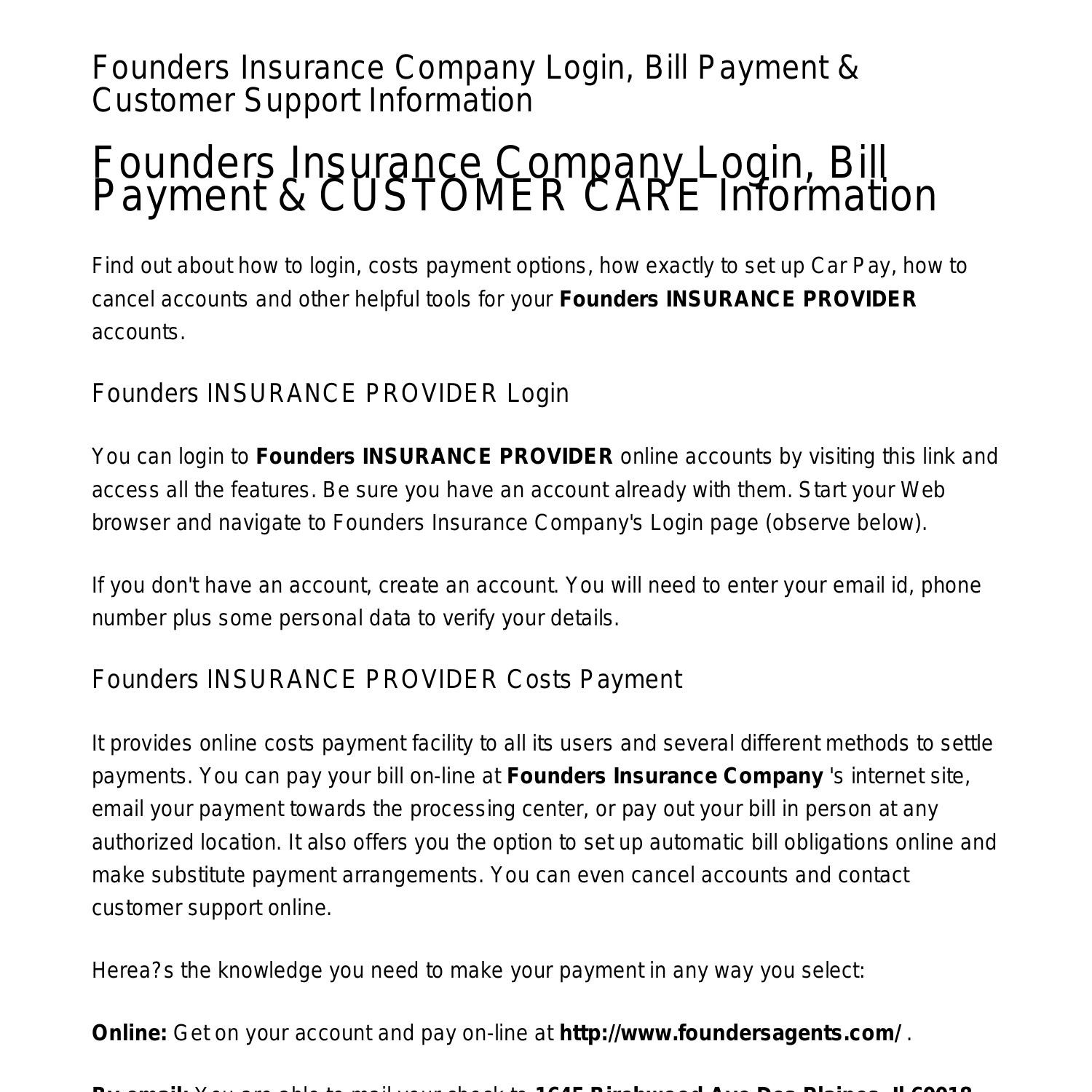 Founders Insurance Company Login Bill Payment Customer Support
