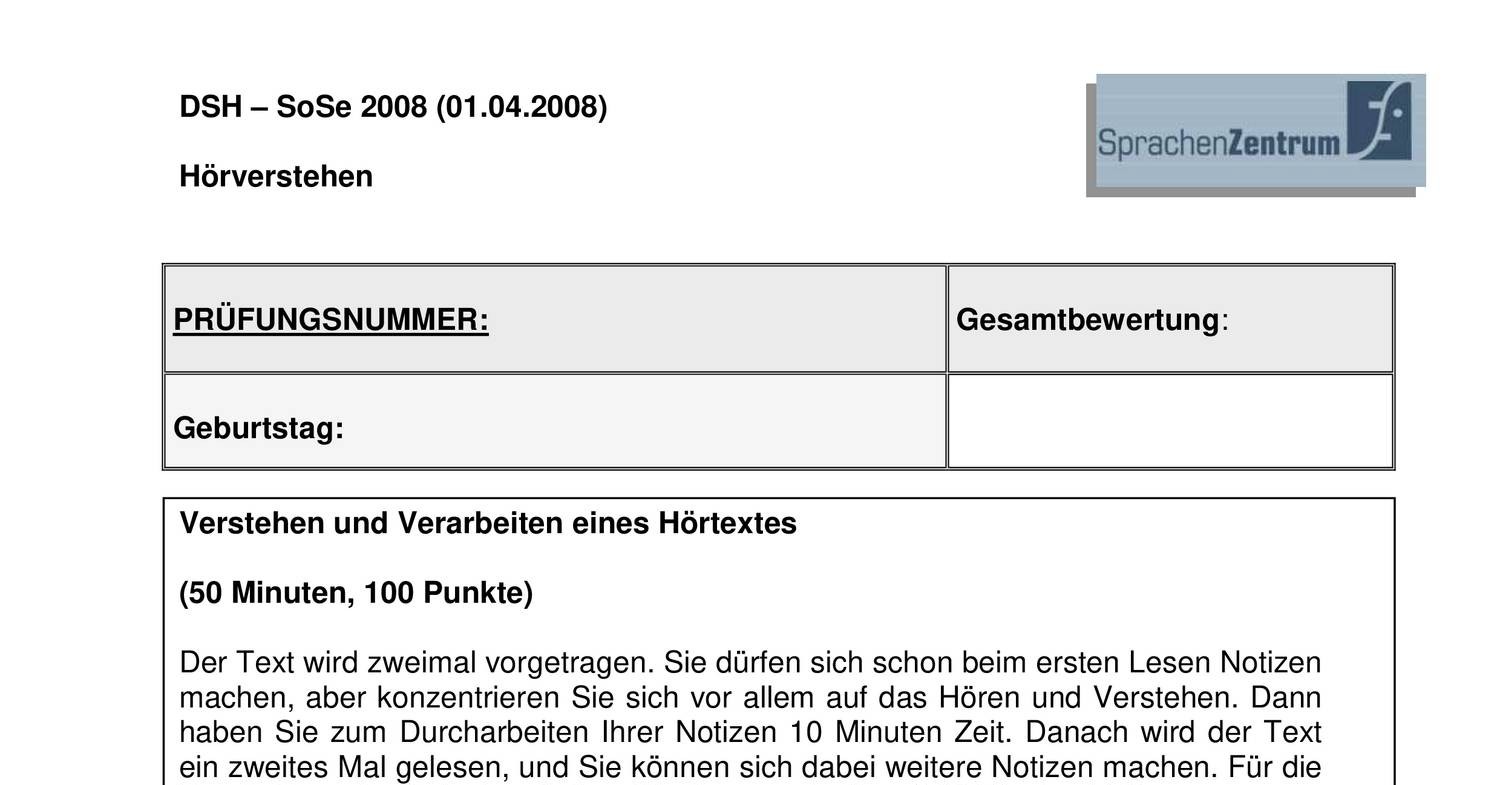 Dsh Textproduktion Beispiel Mit Lösung DSH-Beispiel-Hoerverstehen auif.pdf | DocDroid