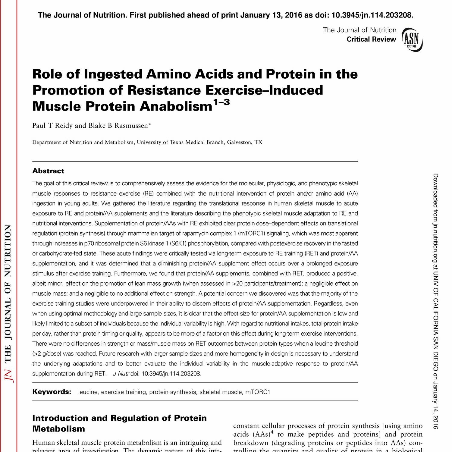 Role of Ingested Amino Acids and Protein in the Promotion of Resistance