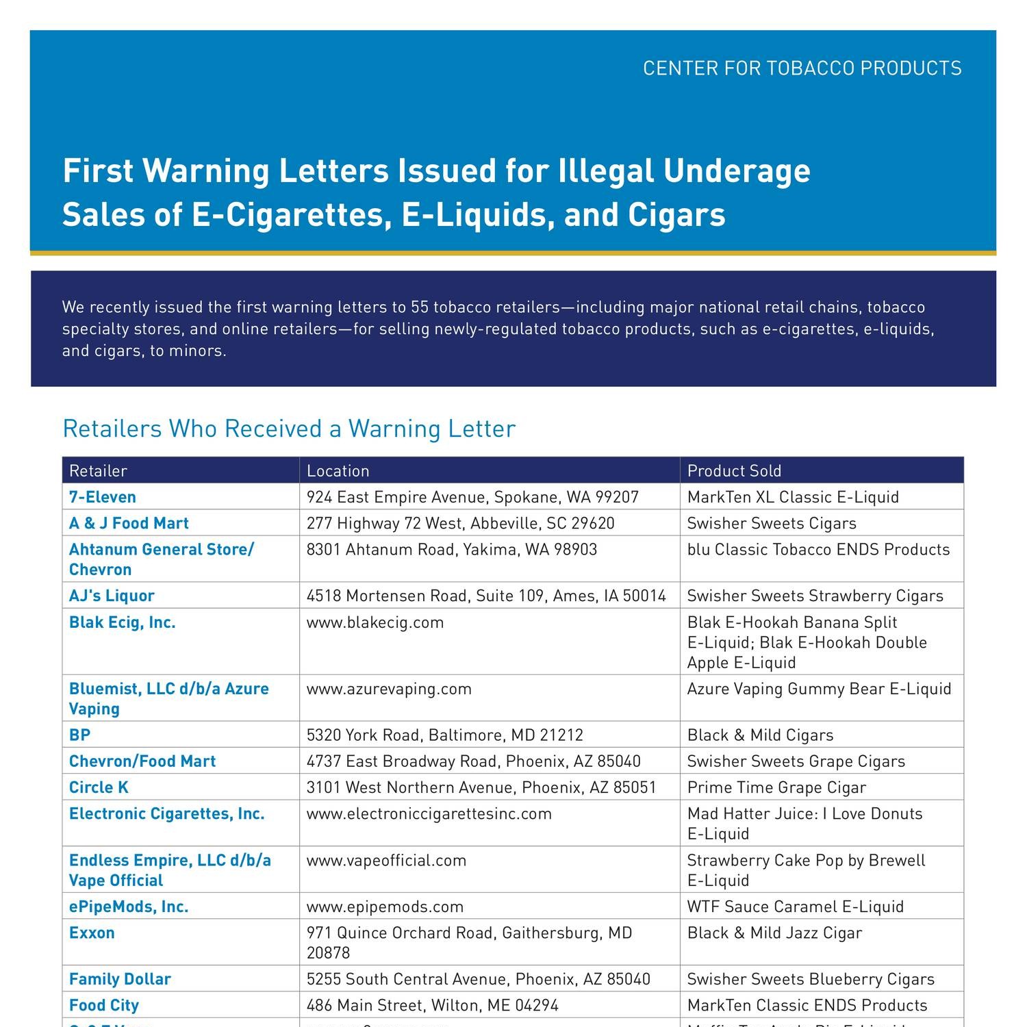 First Warning Letters Issued for Illegal Underage Sales of E-Cigarettes ...