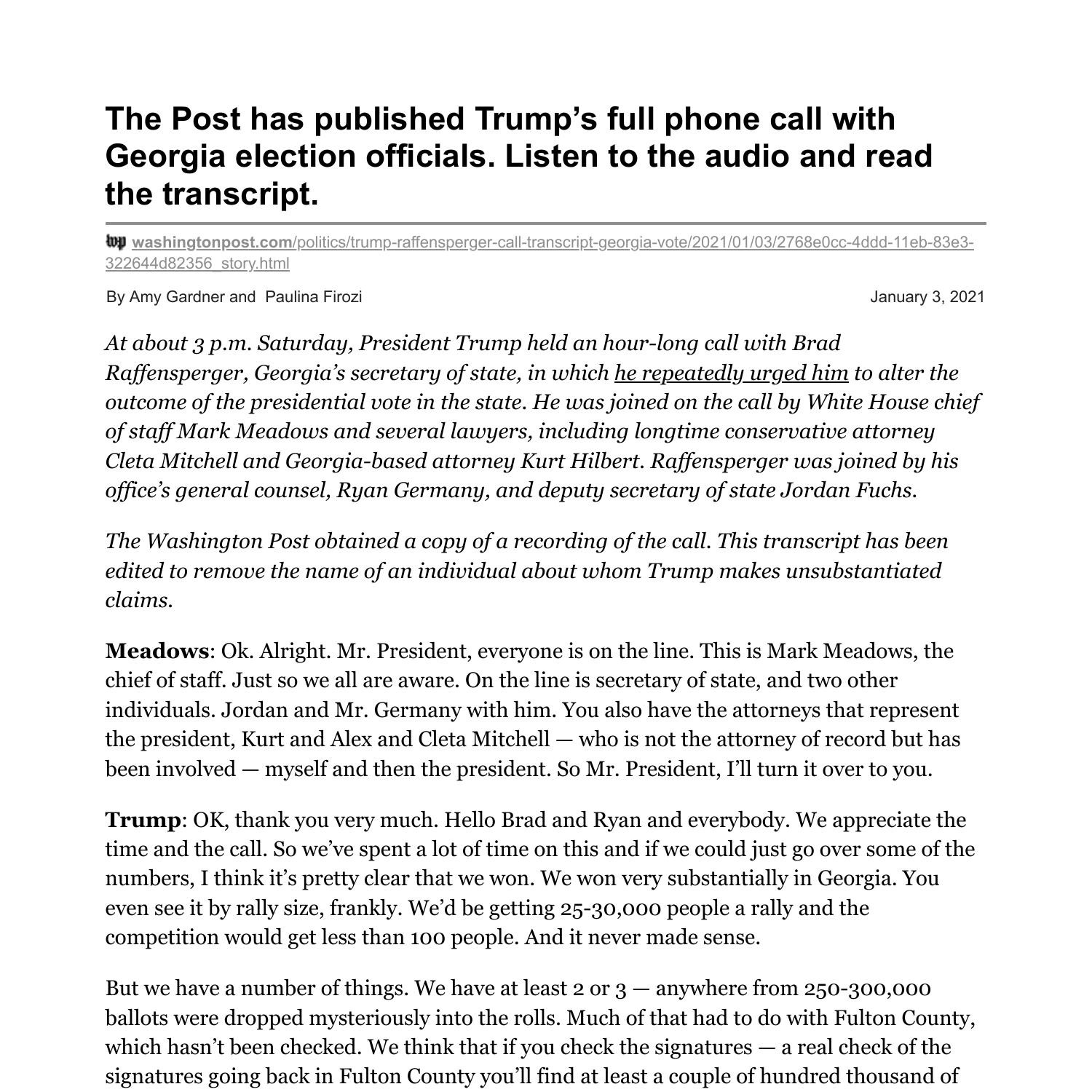 washingtonpost.com-The Post has published Trumps full phone call with ...