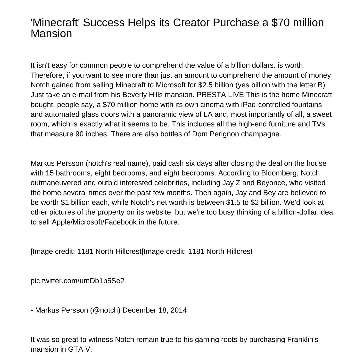 Minecraft Success Helps its Creator Purchase a 70 million Mansionseosc ...