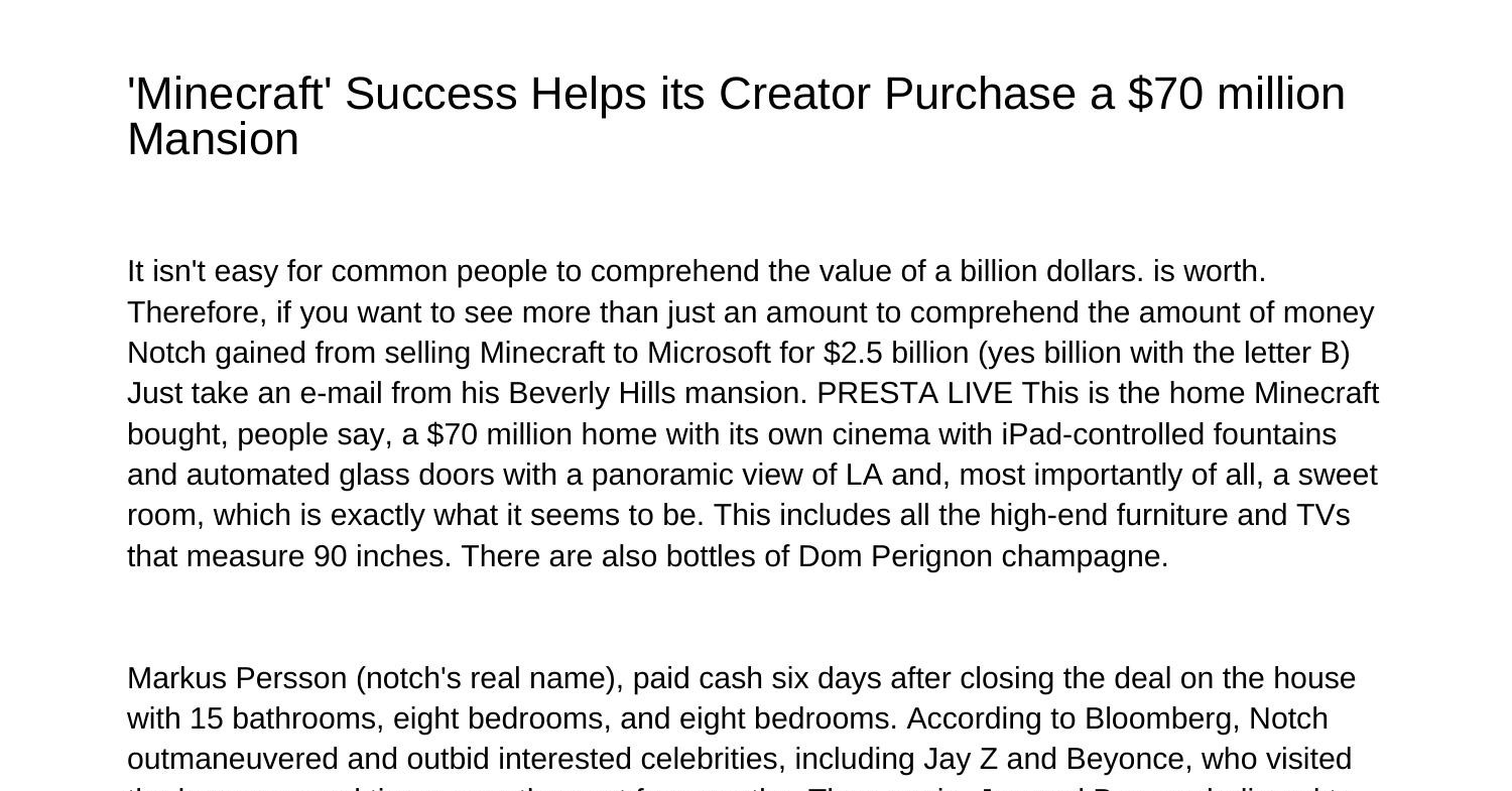 Minecraft Success Helps its Creator Purchase a 70 million Mansionseosc ...