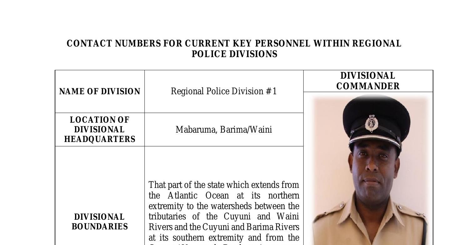 CONTACT NUMBERS FOR CURRENT KEY PERSONNEL WITHIN REGIONAL POLICE