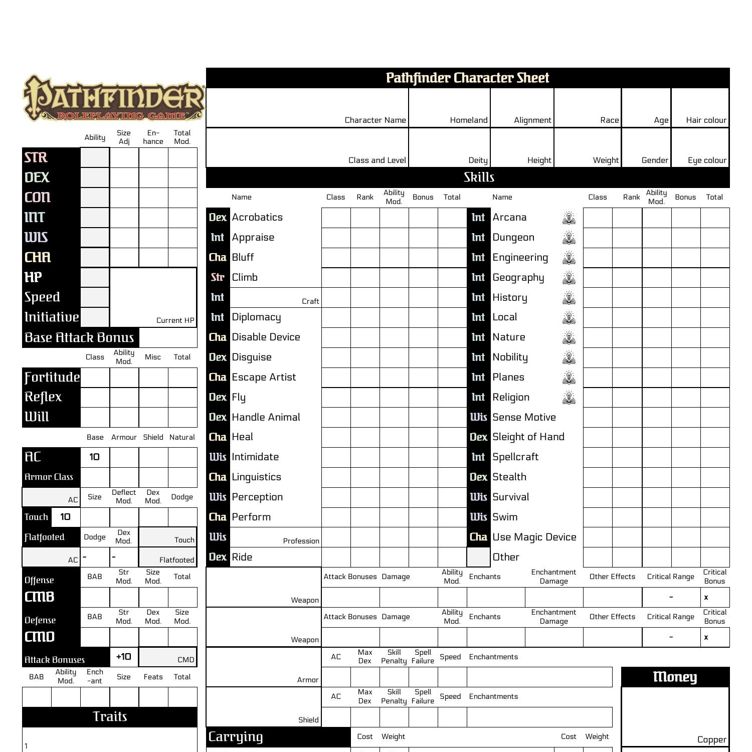 Pathfinder 1E Character Sheet Printable