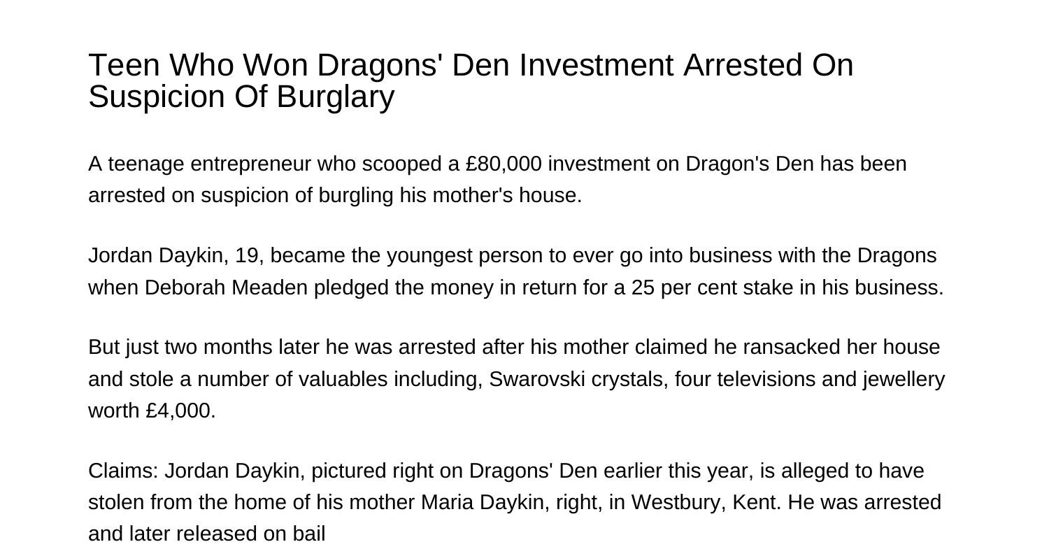 Teen Who Won Dragons Den Investment Arrested On Suspicion Of