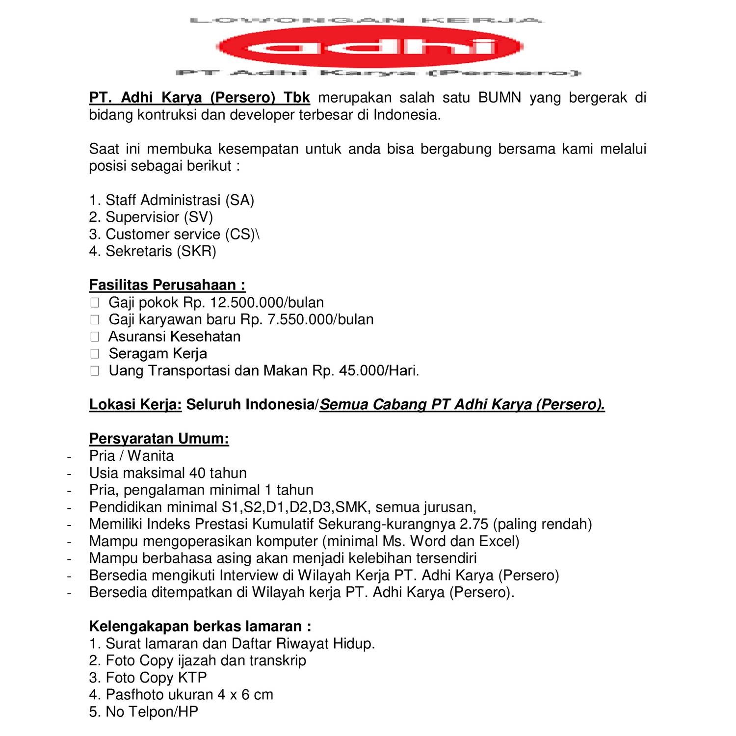Lowongan Kerja Pt Adhi Karya Persero Tbk Pdf Docdroid