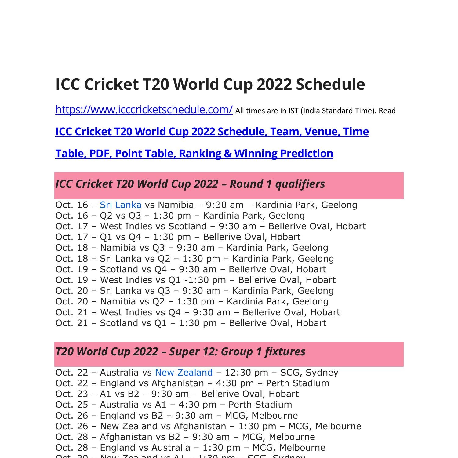 ICC Mens Cricket T20 World Cup 2022 Schedule PDF pdf DocDroid