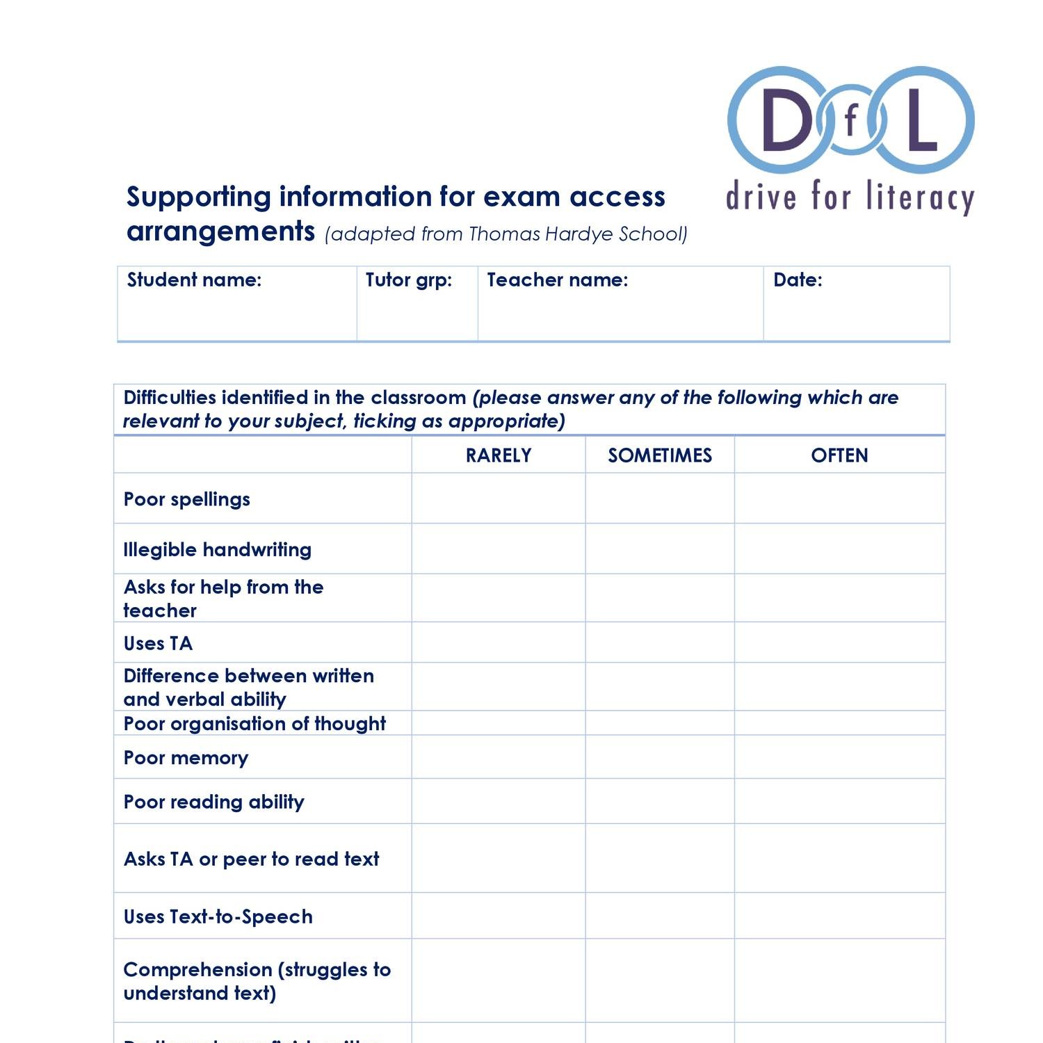 Supporting information for exam access arrangements