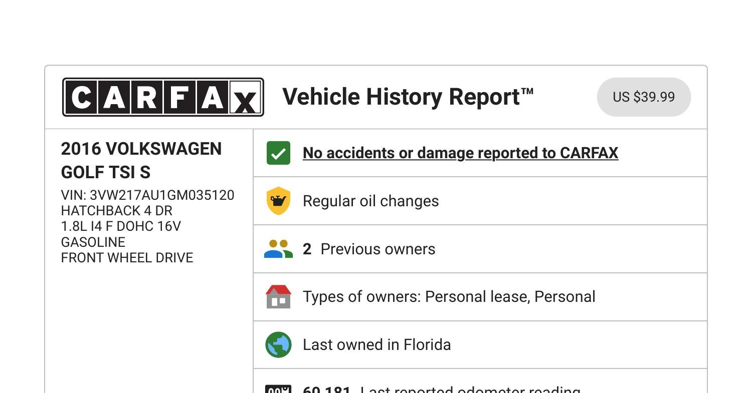 CARFAX Vehicle History Report for this 2016 VOLKSWAGEN GOLF TSI S