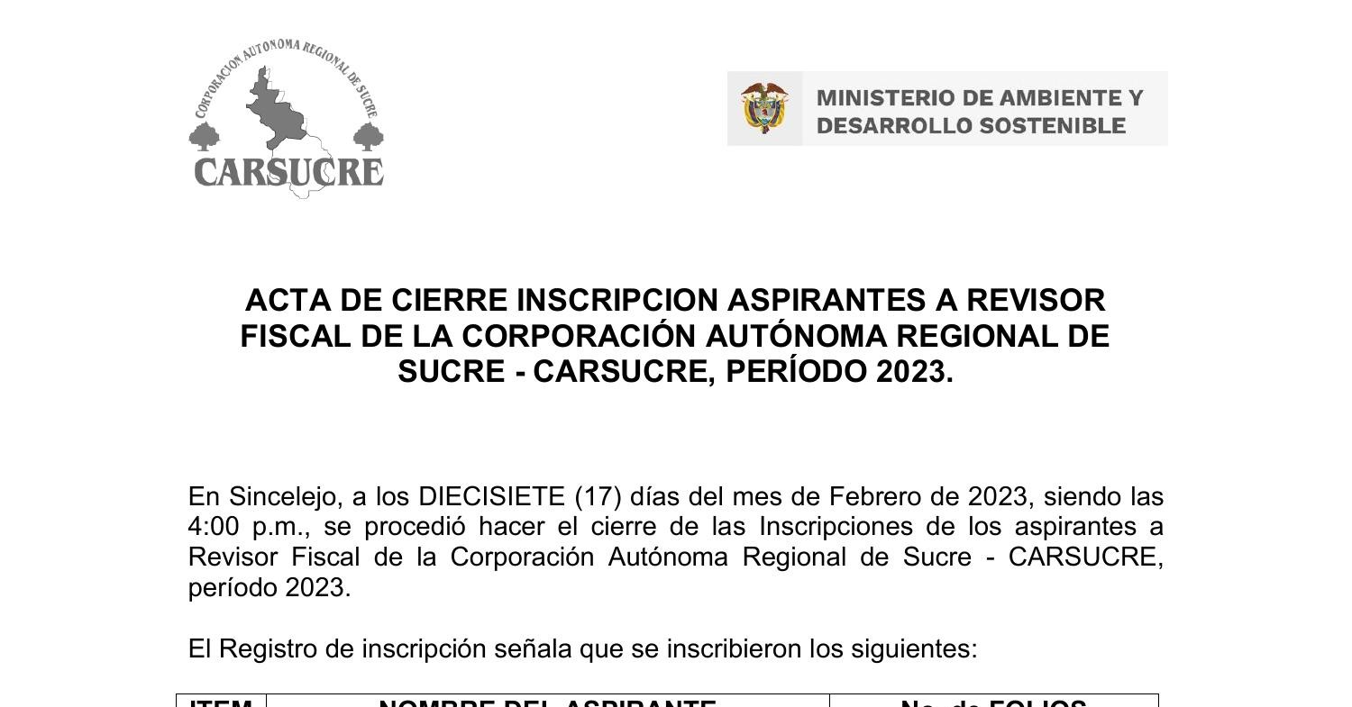 Acta De Cierre InscripciÓn De Revisor Fiscal 2023 Pdf Docdroid