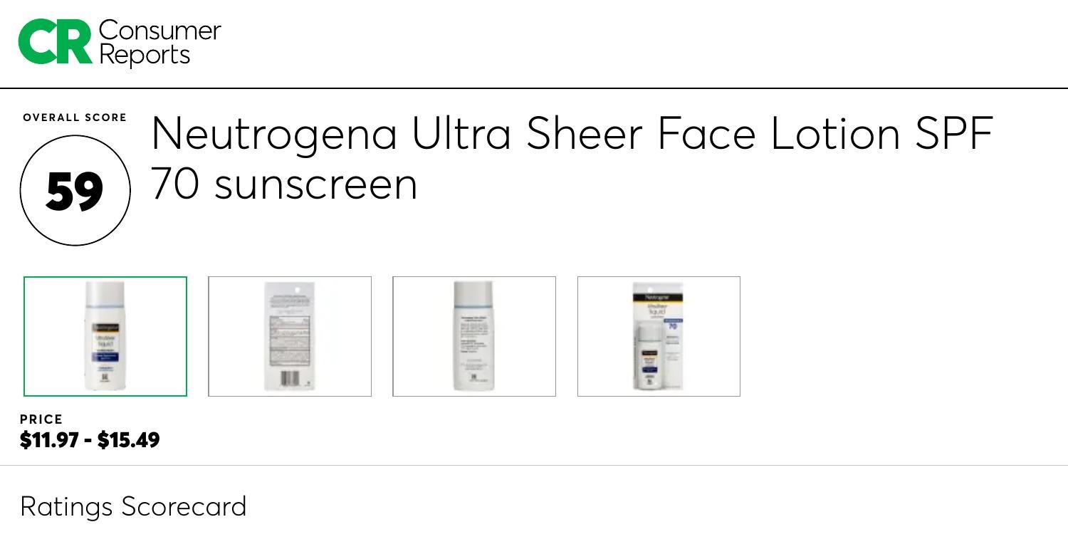 Neutrogena Ultra Sheer Face Lotion SPF 70 sunscreen Consumer Reports