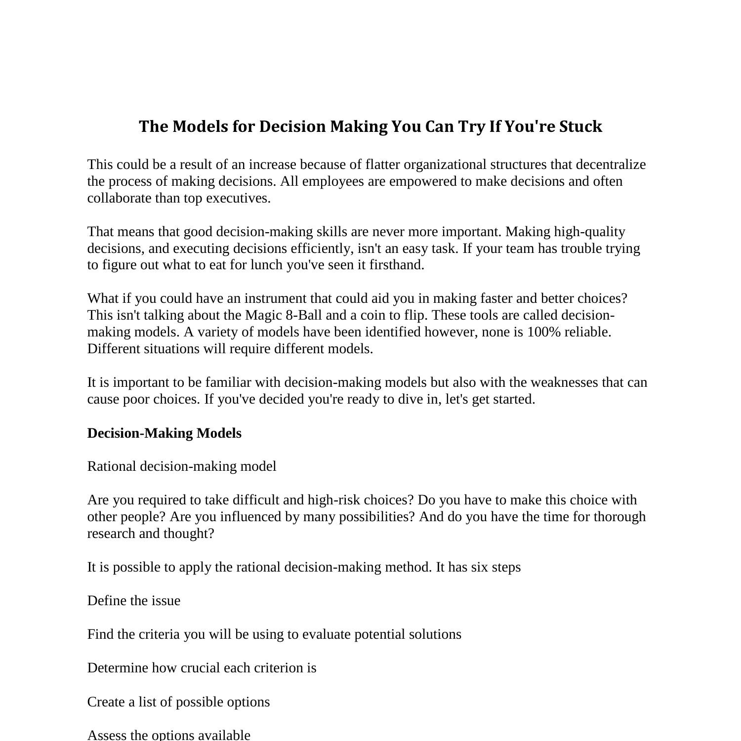 The Models For Decision Making You Can Try If You Re Stuck Pdf Docdroid