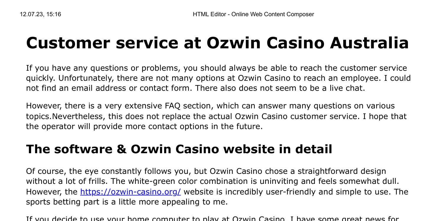 Customer service at Ozwin Casino Australia