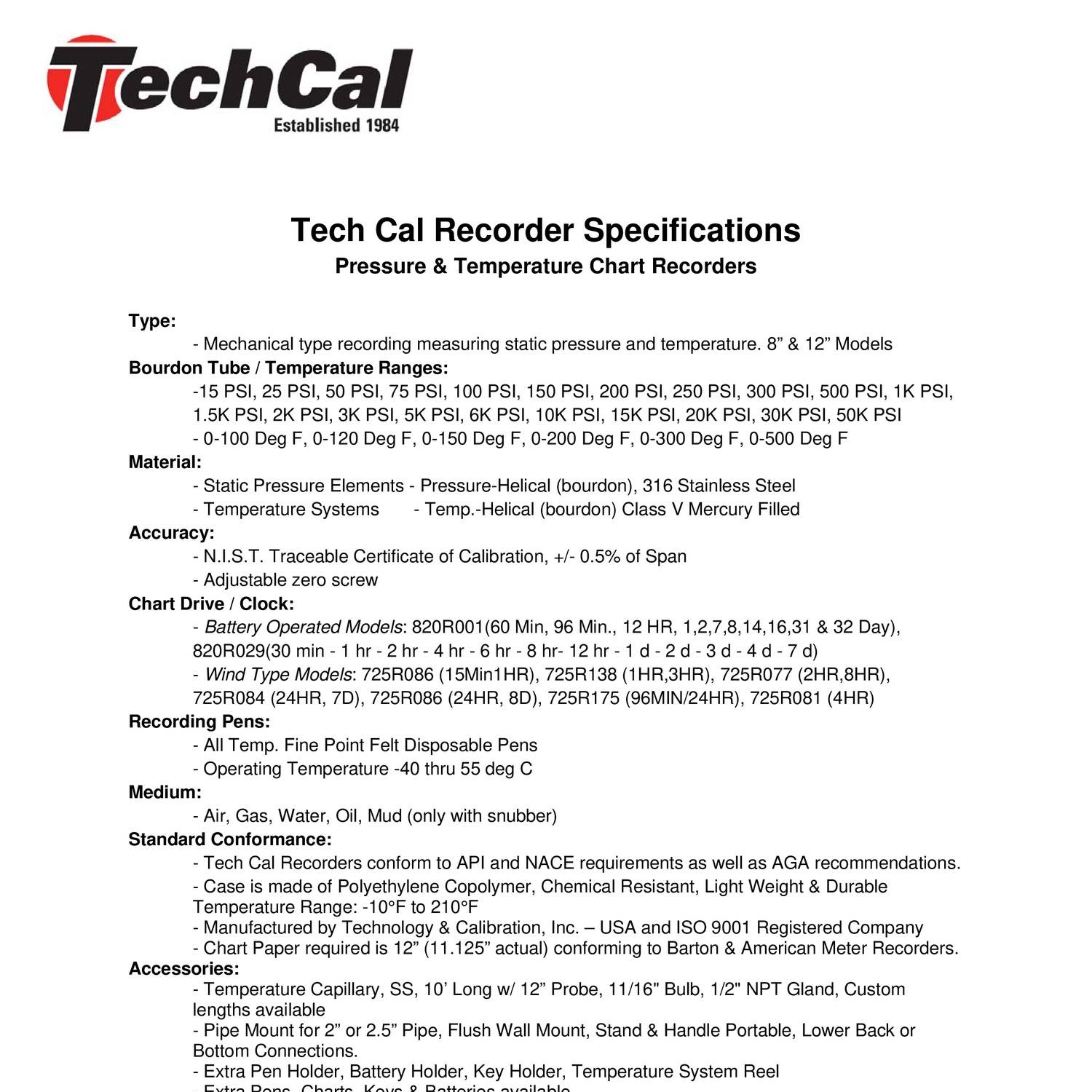 Tech Cal Chart Recorder
