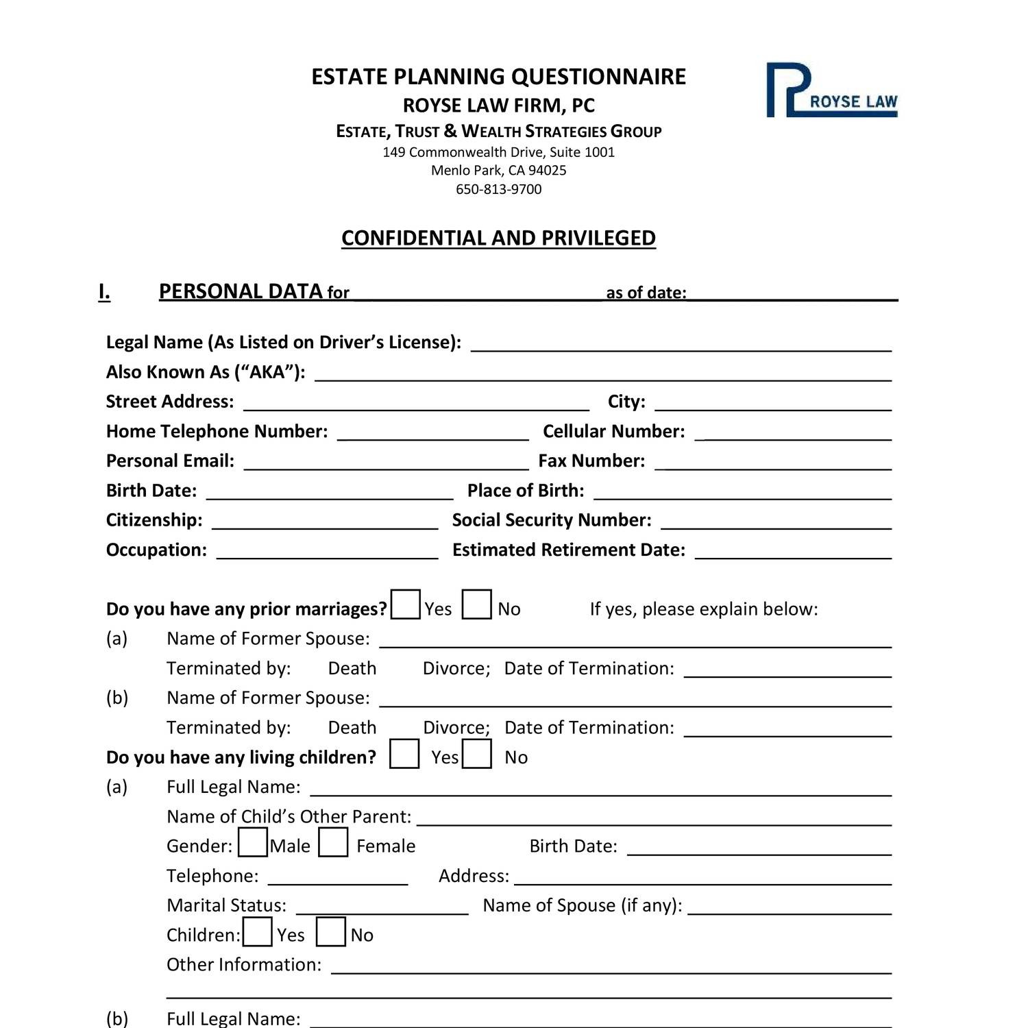 Estate Planning Questionnaire Example