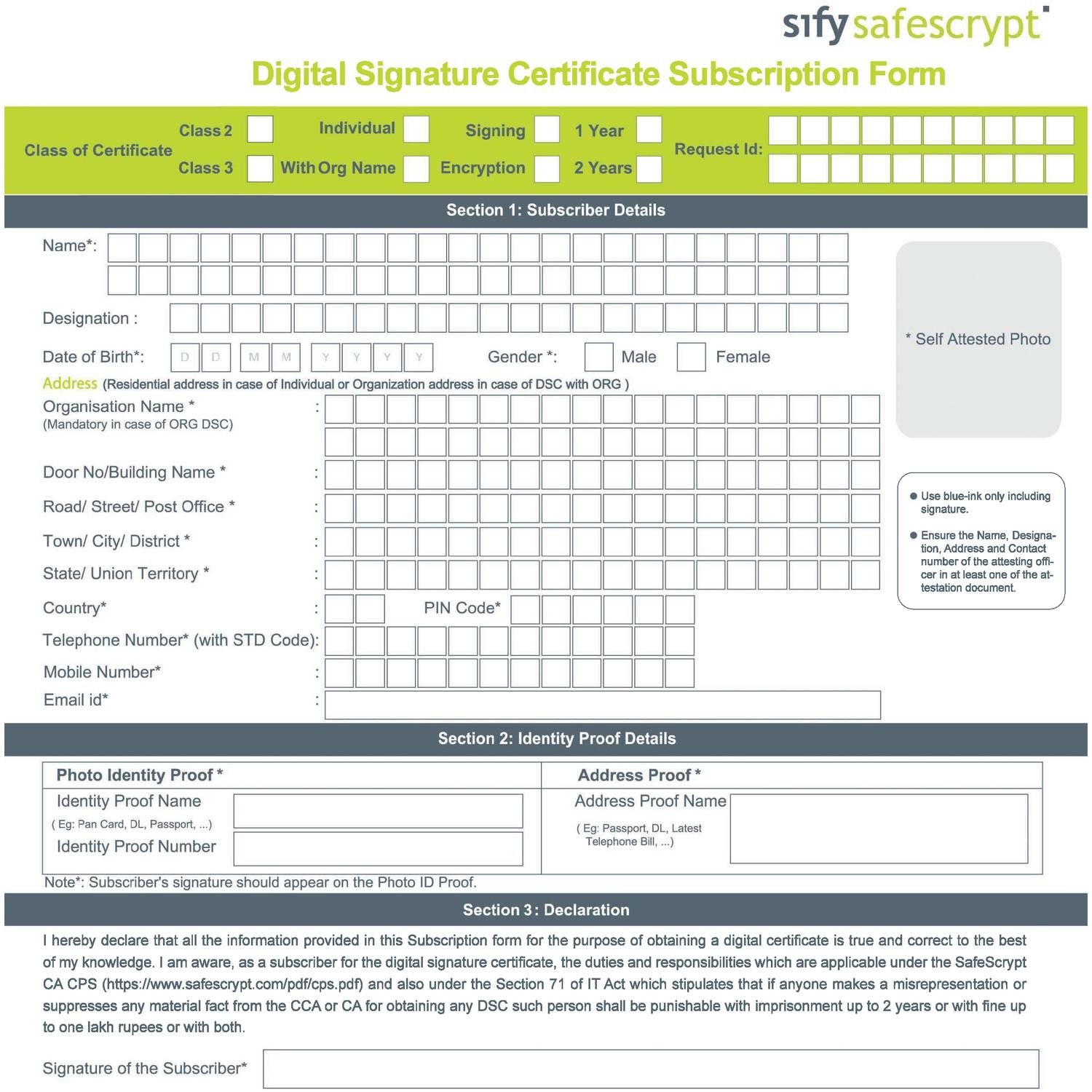 Sify DSC Application Form (Class 2 & 3) (Individual & Organisation) (Signature or Encryption