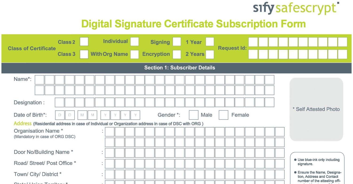Sify DSC Application Form (Class 2 & 3) (Individual & Organisation