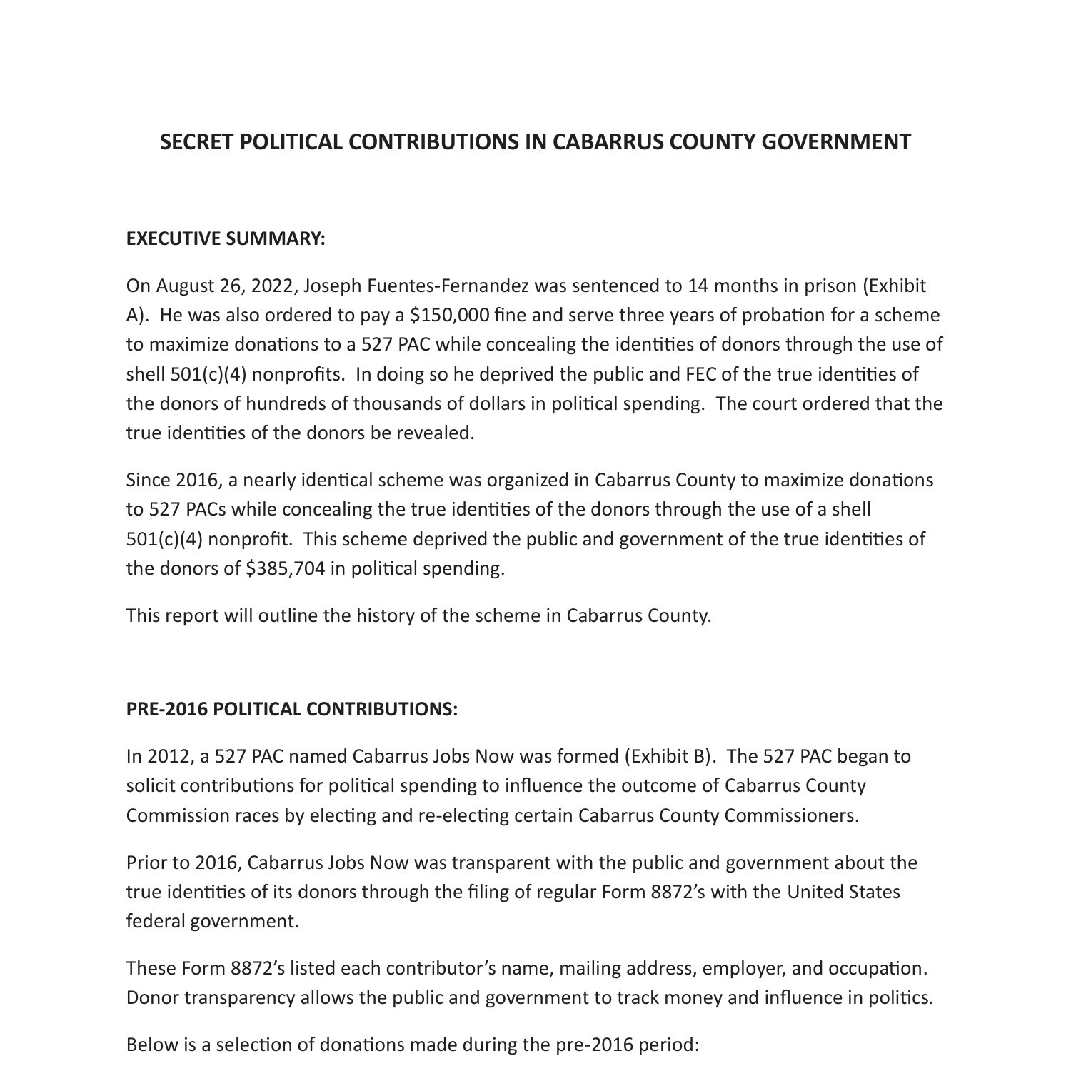 Secret Political Contributions in Cabarrus County Government Report ...