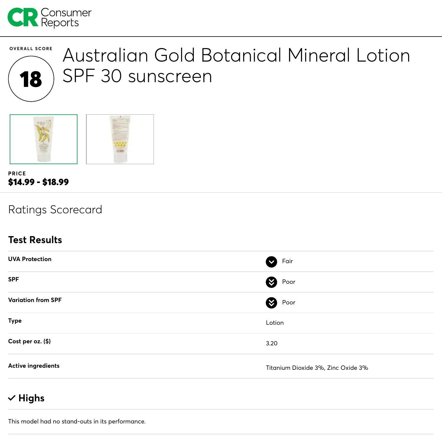 Australian Gold Botanical Mineral Lotion SPF 30 sunscreen Consumer