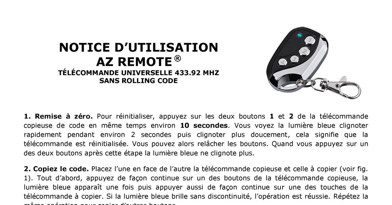 Notice Télécommande Universelle Copieuse Az Remote 433.92 Mhz