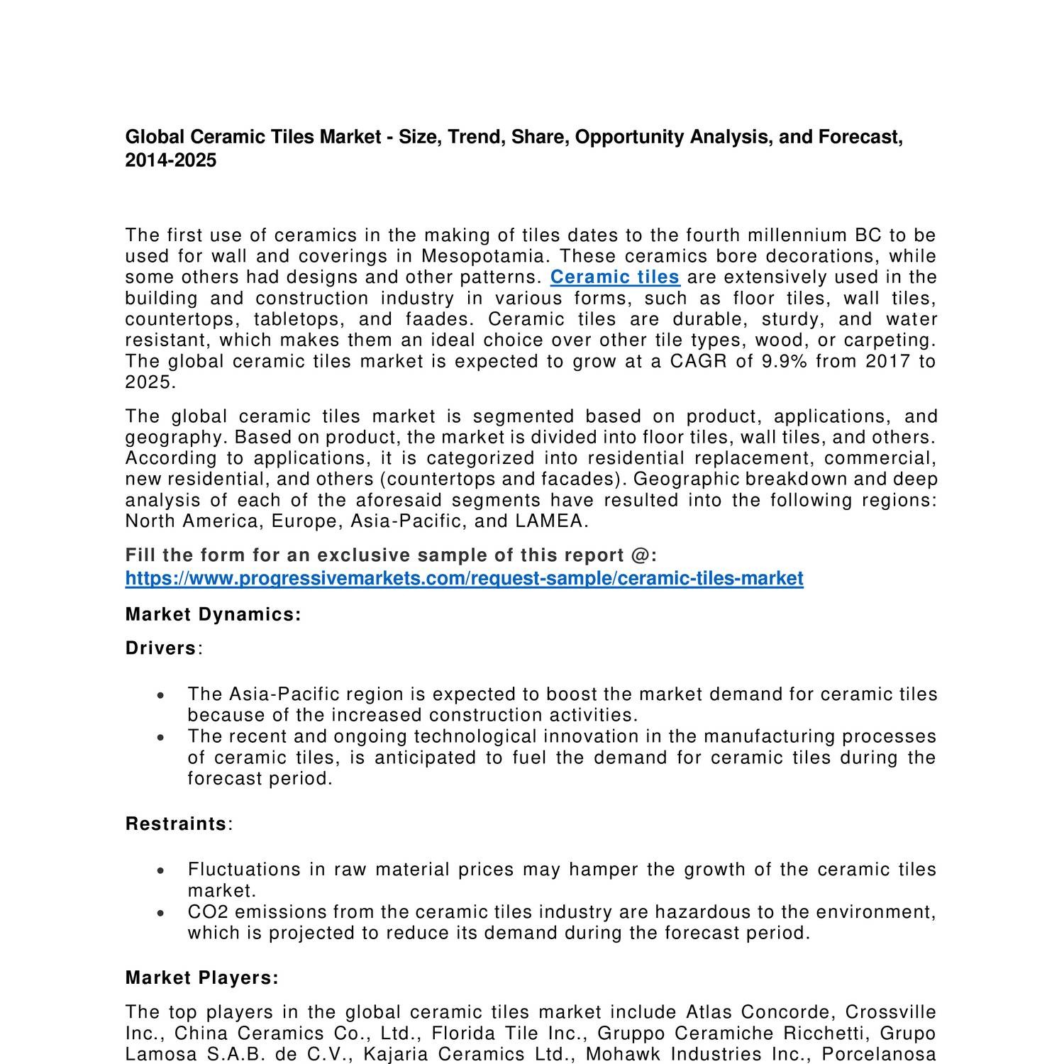 Ceramic Tiles Market Research Type, Ceramic Tile Flooring, Porcelain