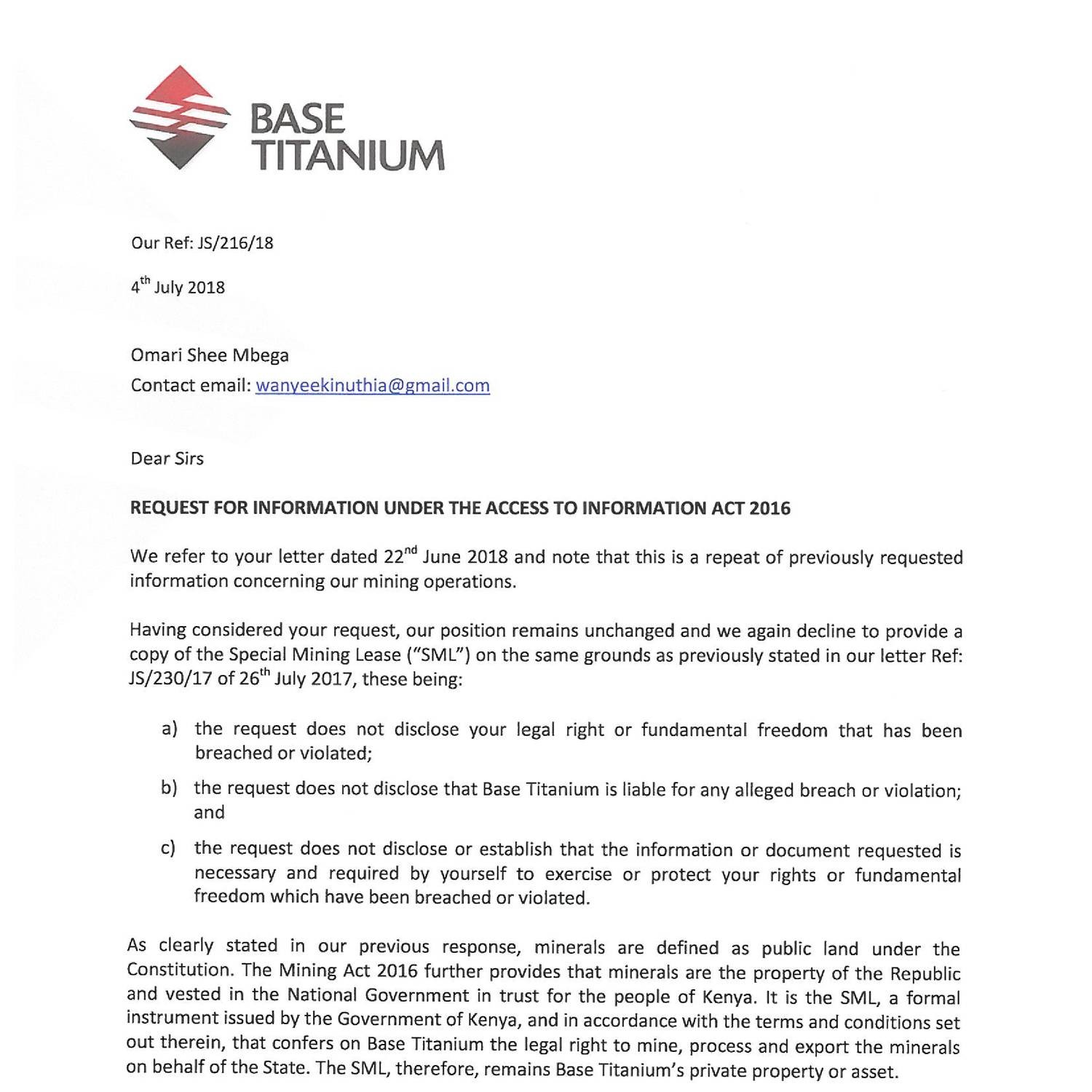 Base Titanium S Negative Response To Community S Request For Special Mining Lease Pdf Docdroid