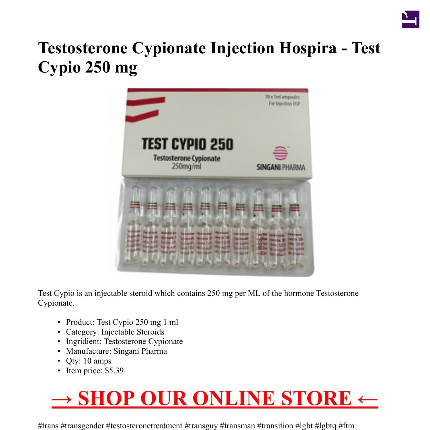 Testosterone Cypionate Injection Hospira Test Cypio 250 mg 10 amps 1