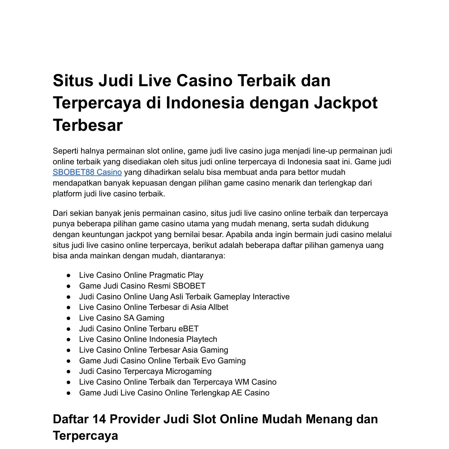 Situs Judi Live Casino Terbaik dan Terpercaya di Indonesia dengan